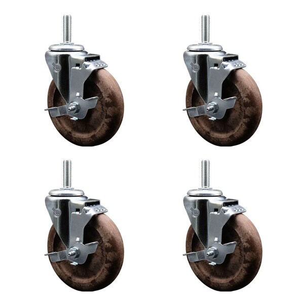 Service Caster 5 Inch High Temp Glass Filled Nylon 58 Inch Threaded Stem Caster Set with Brake SCC-TS20S514-GFNSHT-TLB-58212-4 - main